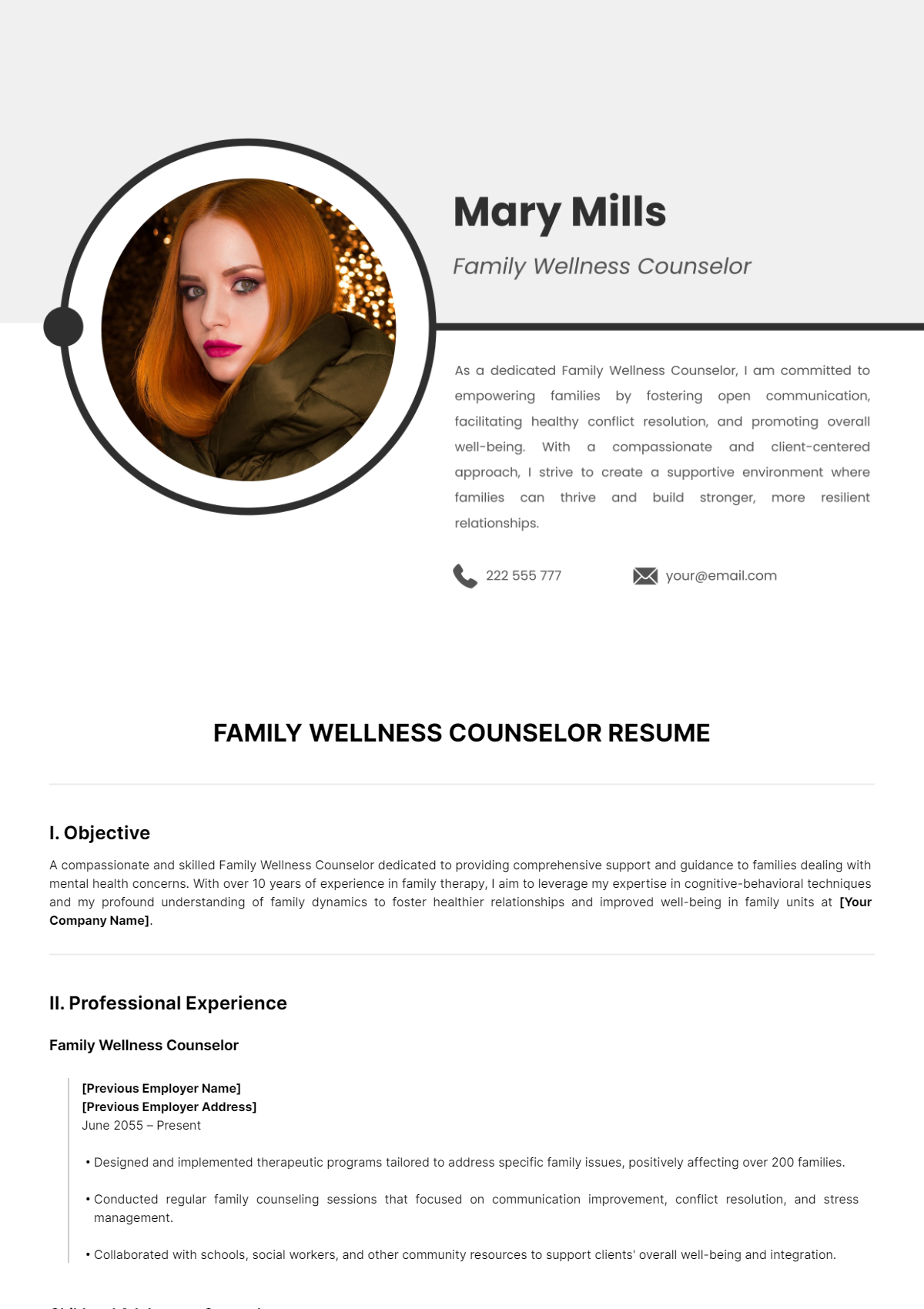 Family Wellness Counselor Resume Template - Edit Online & Download