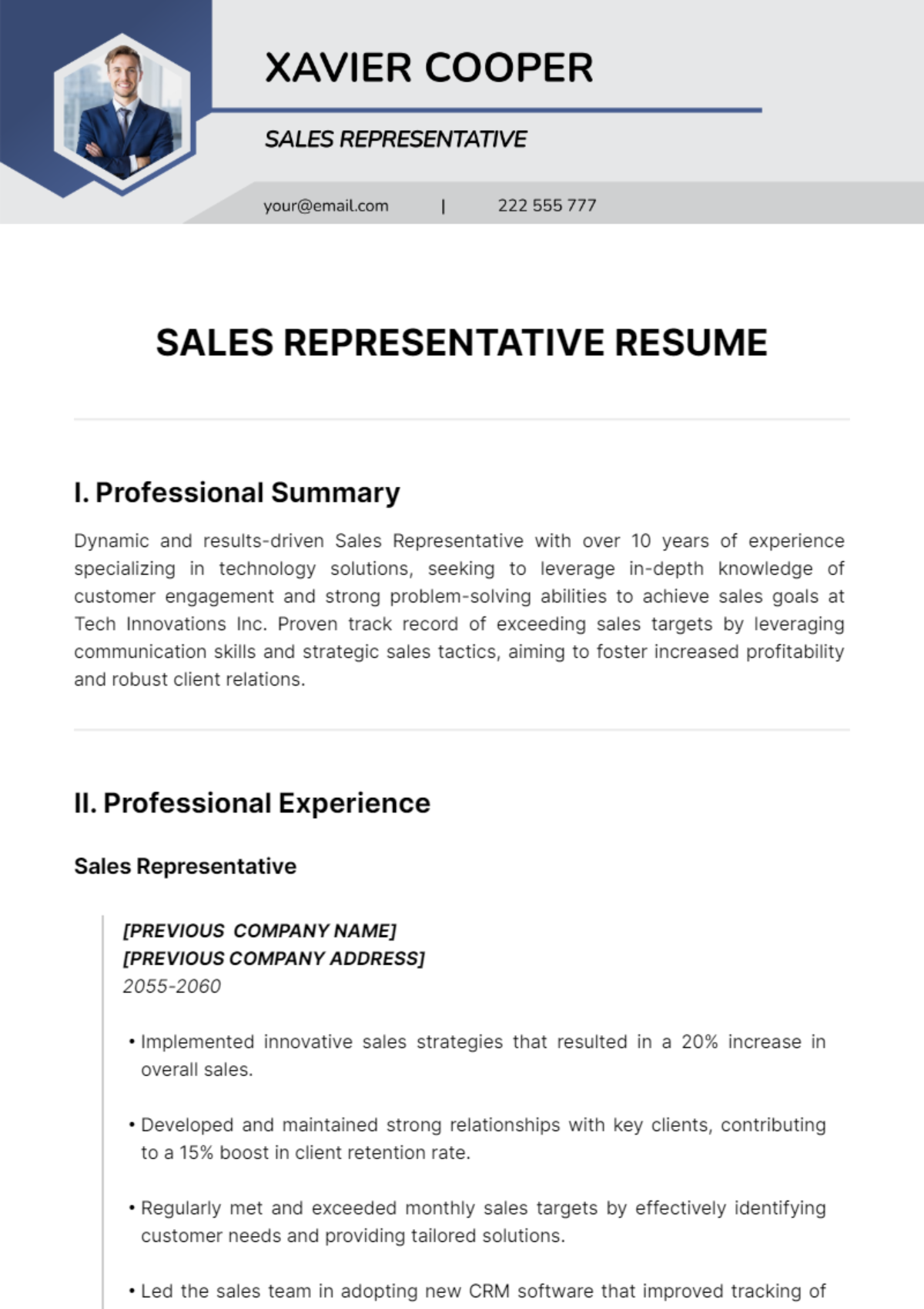 Sales Representative Resume Template - Edit Online & Download Example ...