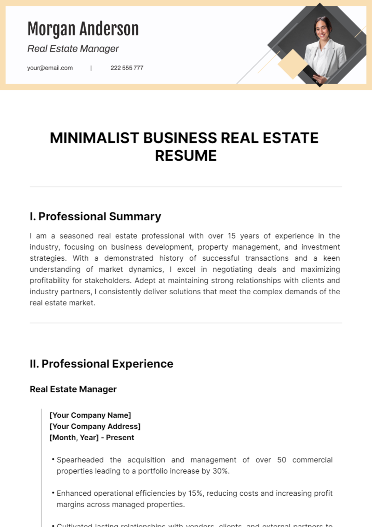 Minimalist Business Real Estate Resume Template - Edit Online & Download