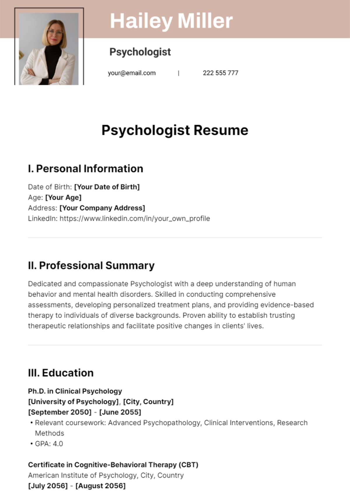 Psychologist Resume Template - Psychologist Resume Template Edit Online 