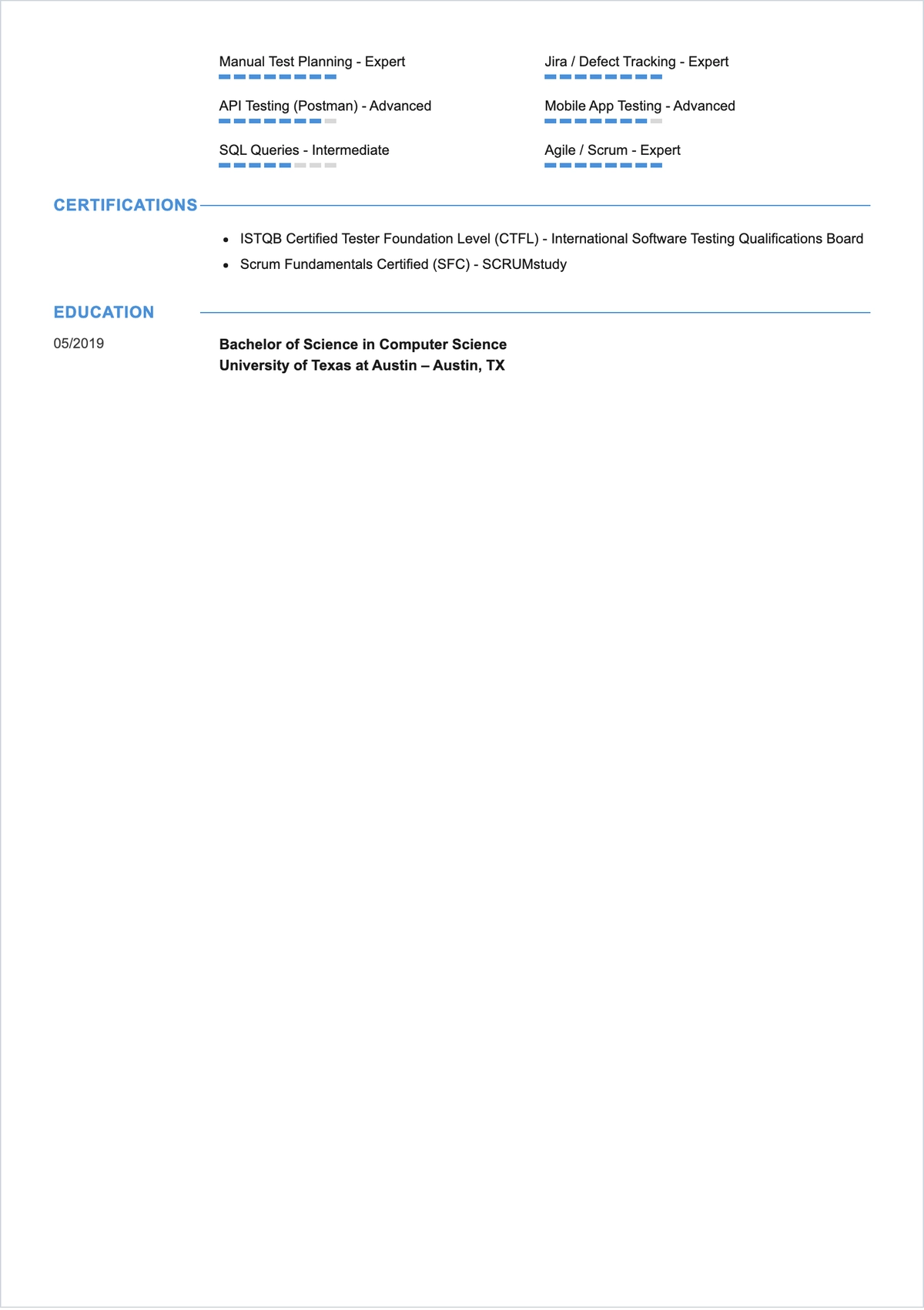 Free Professional Manual Tester ATS Resume Template, AI Resume Builder