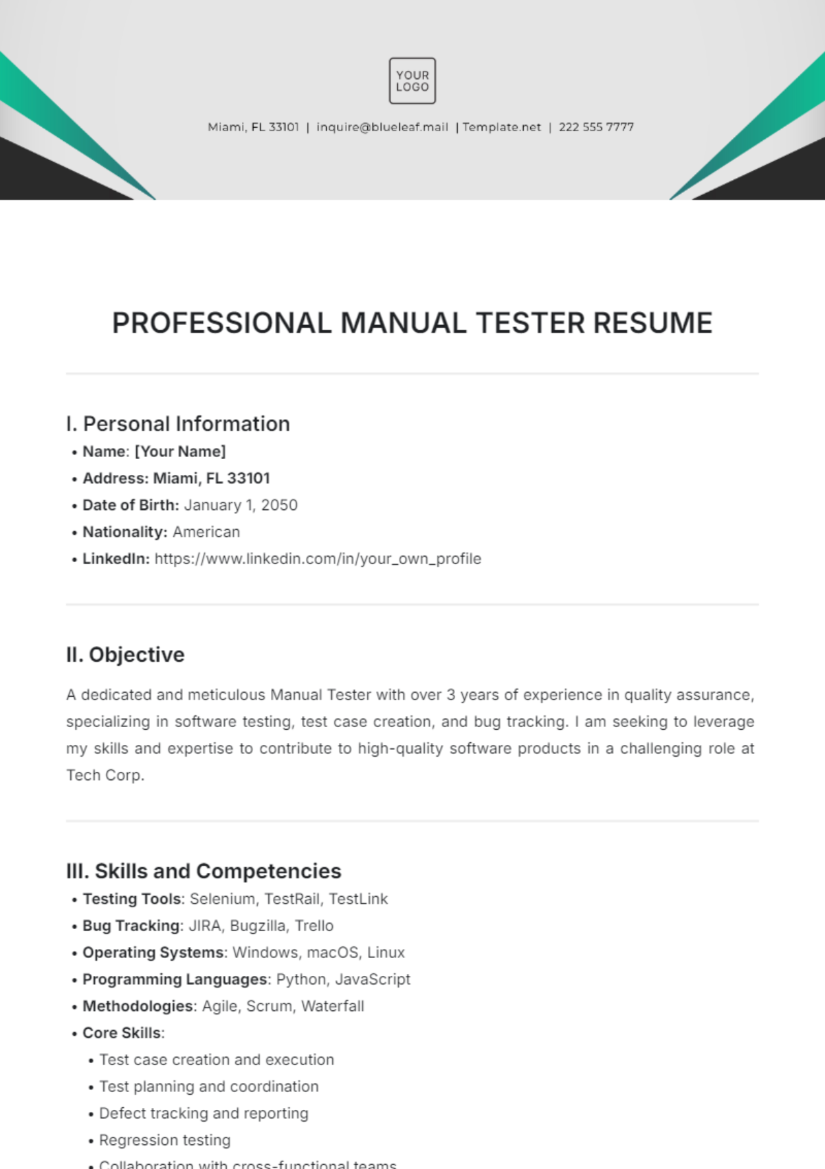 Professional Manual Tester Resume Template - Edit Online & Download