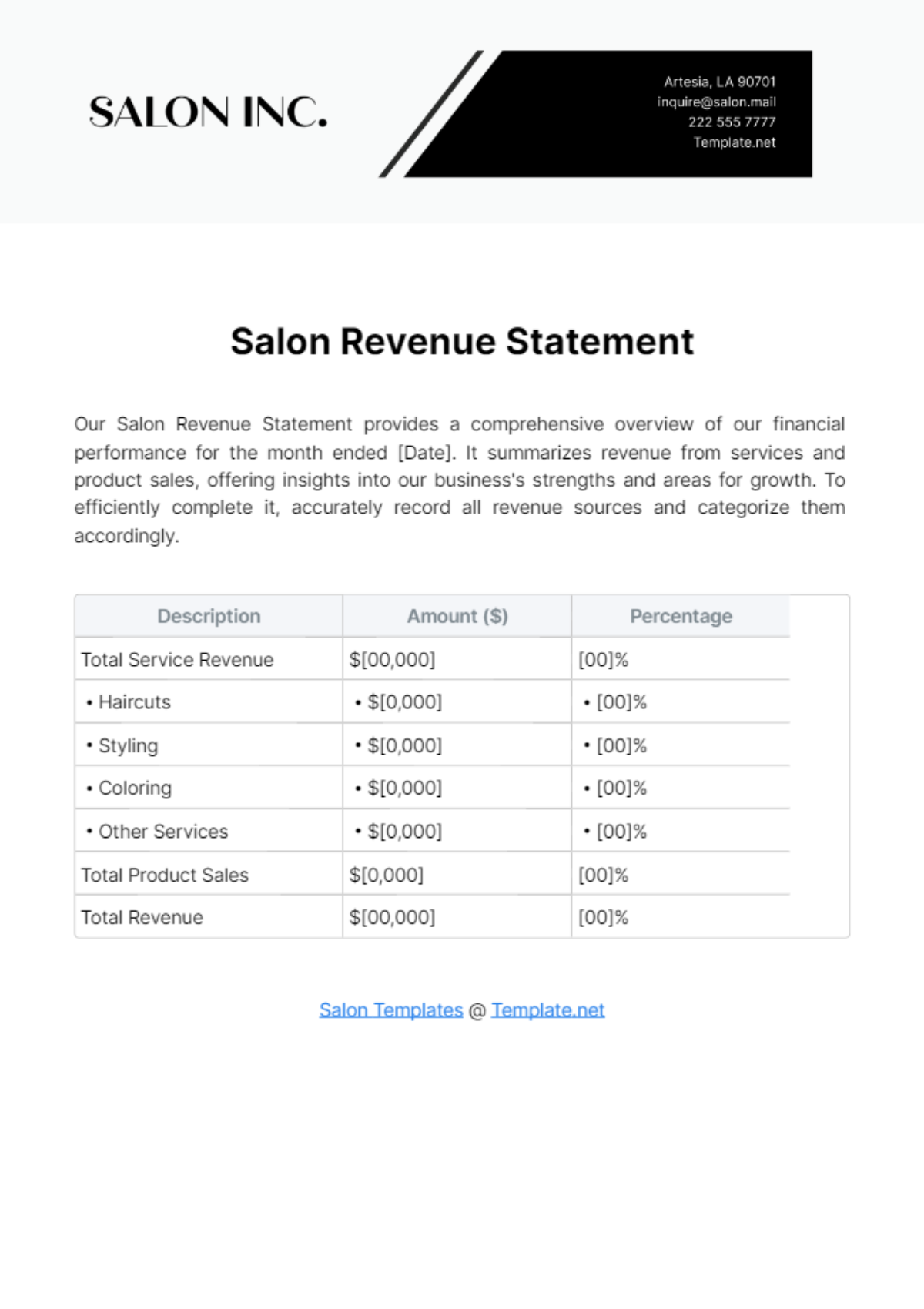 Salon Revenue Statement Template