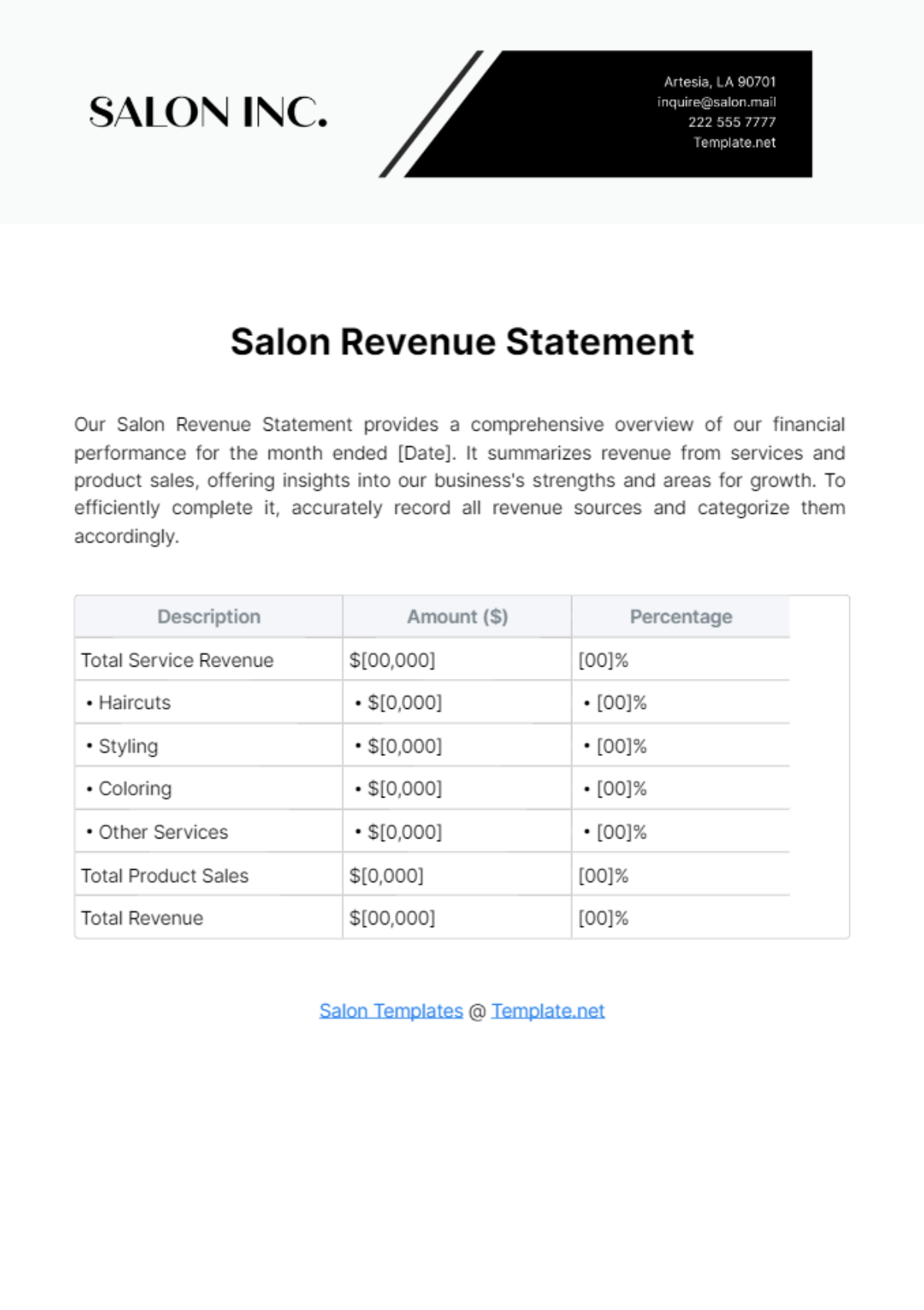 Salon Revenue Statement Template - Edit Online & Download