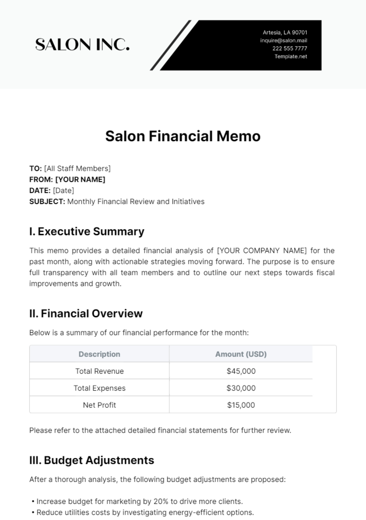 Salon Financial Memo Template