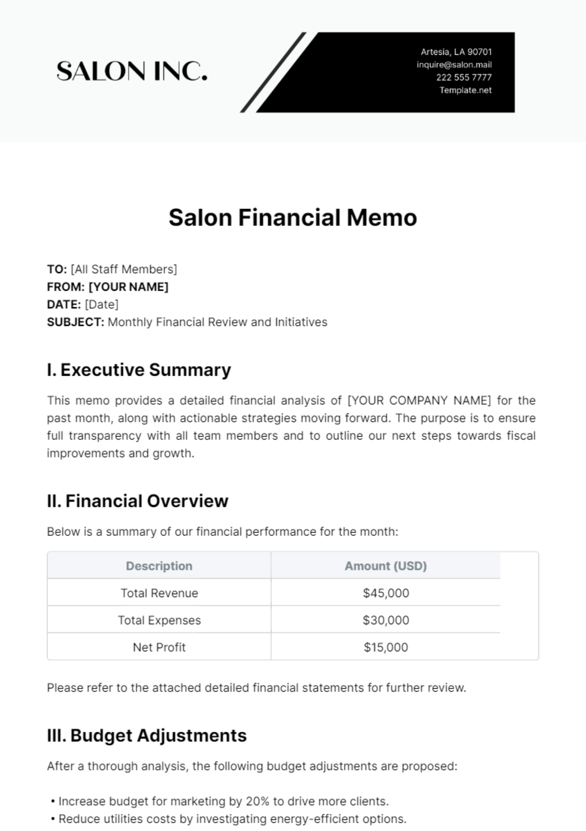 Salon Financial Memo Template - Edit Online & Download