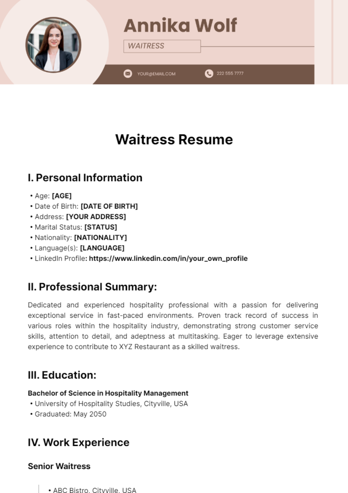 Free Waitress Resume Template