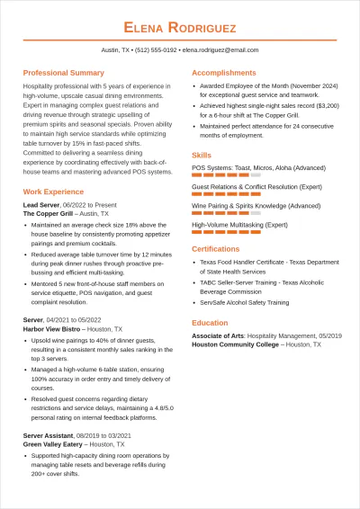 Free Waitress ATS Resume Template, AI Resume Builder