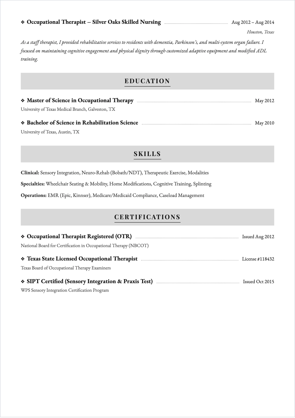 Free Occupational Therapist ATS Resume Template, AI Resume Builder