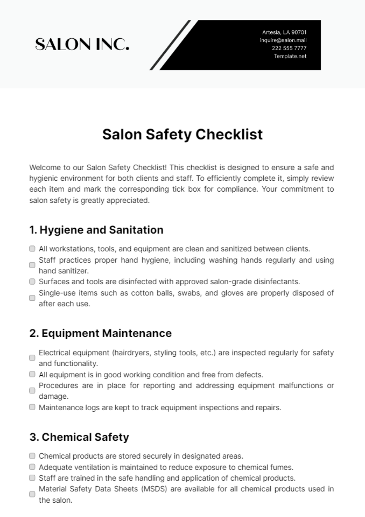 Salon Safety Checklist Template