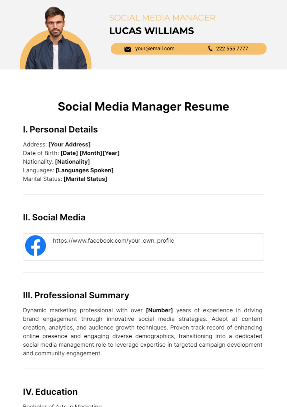 Social Media Manager Resume Template - Edit Online & Download