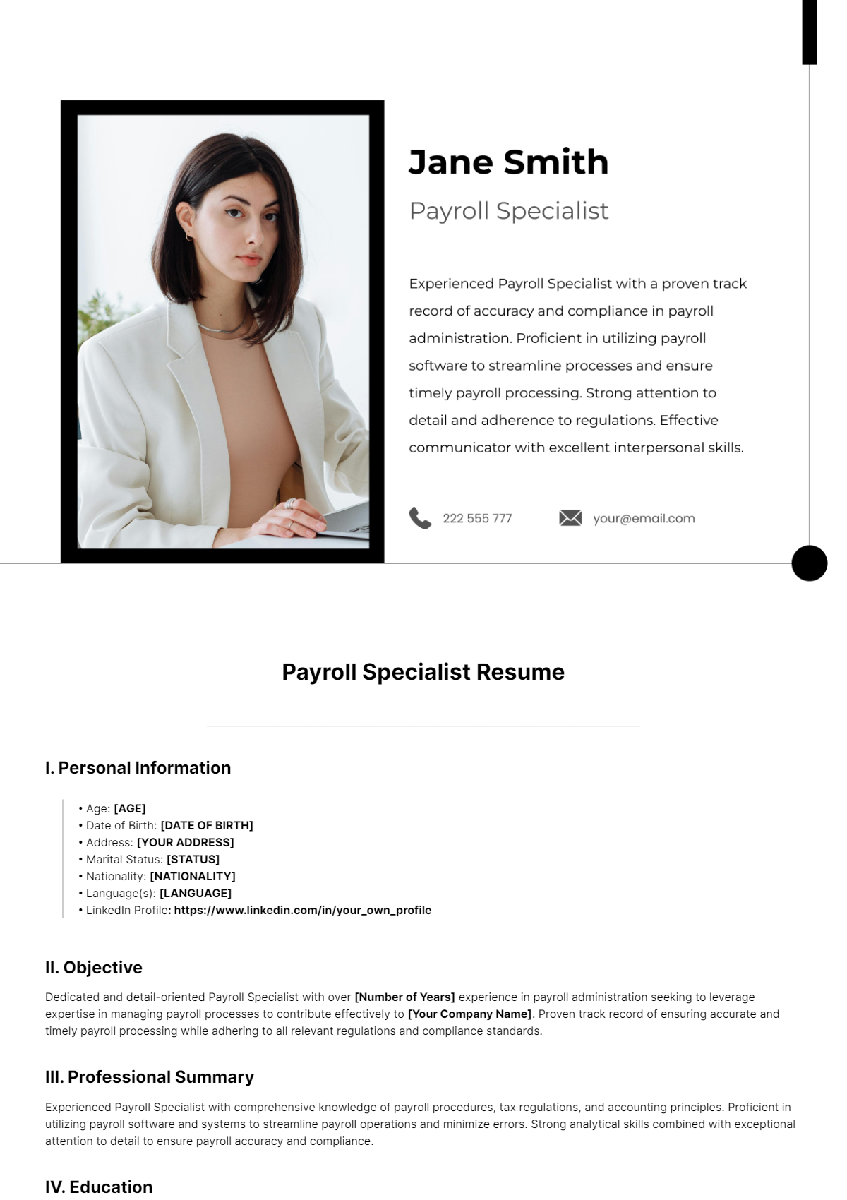 Payroll Specialist Resume Template - Edit Online & Download