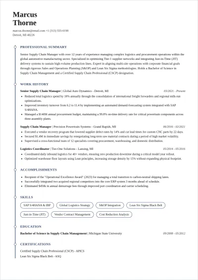 Free Supply Chain Manager ATS Resume Template, AI Resume Builder