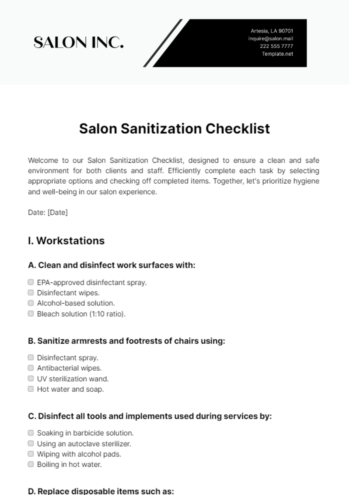 Salon Sanitization Checklist Template