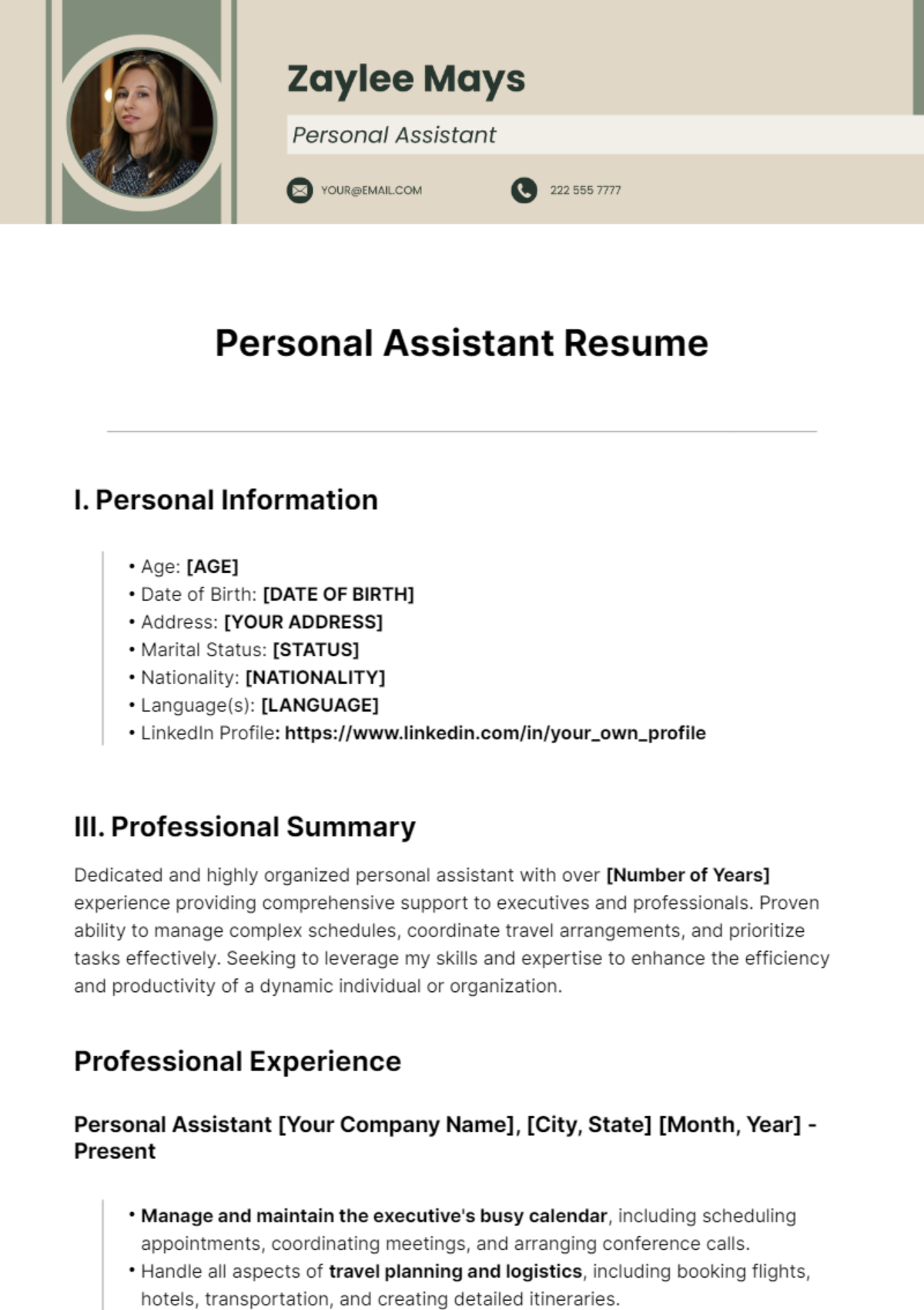 Personal Assistant Resume Template - Edit Online & Download