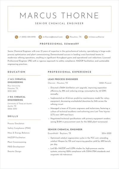 Free Chemical Engineer ATS Resume Template, AI Resume Builder