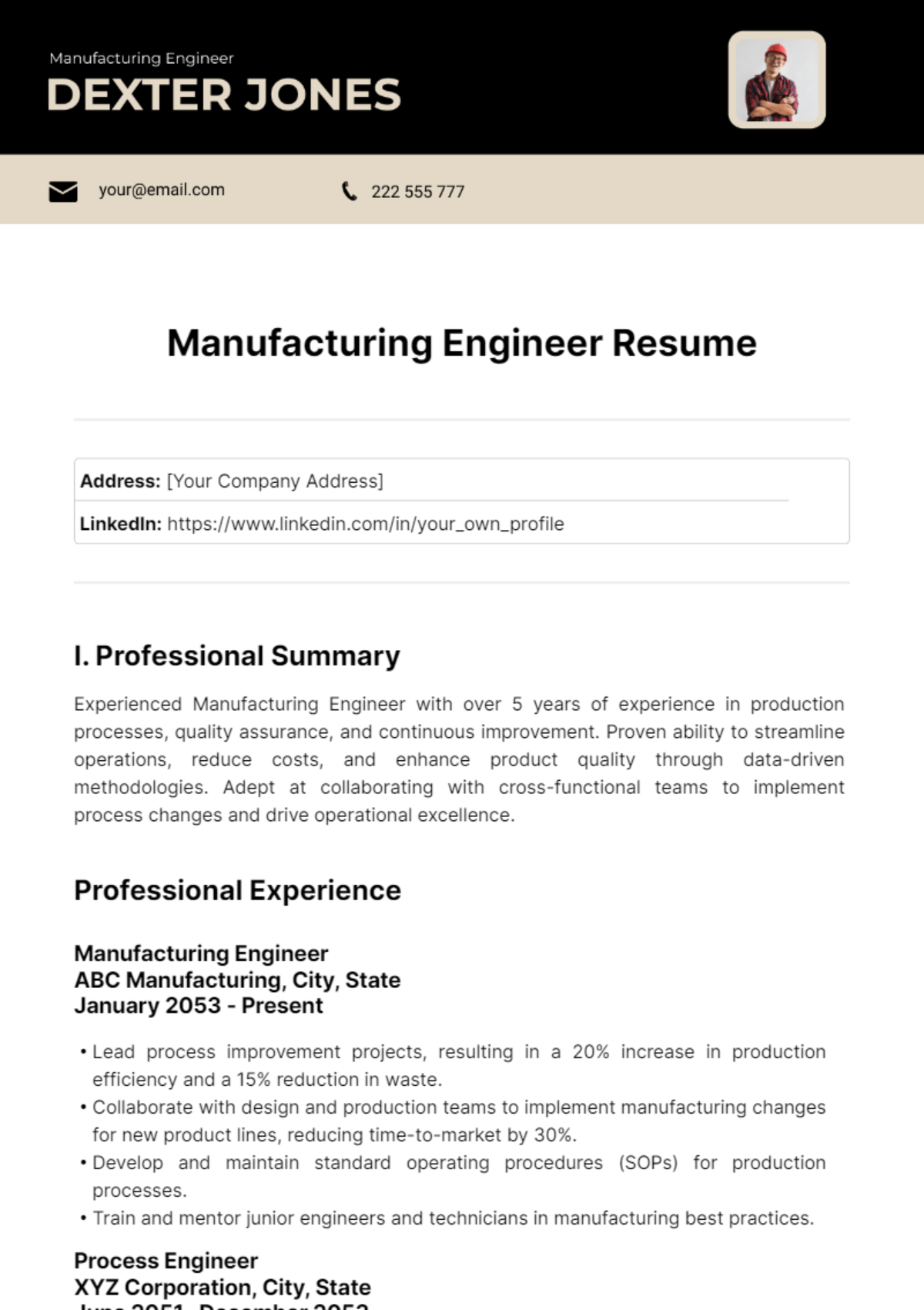 Manufacturing Engineer Resume Template