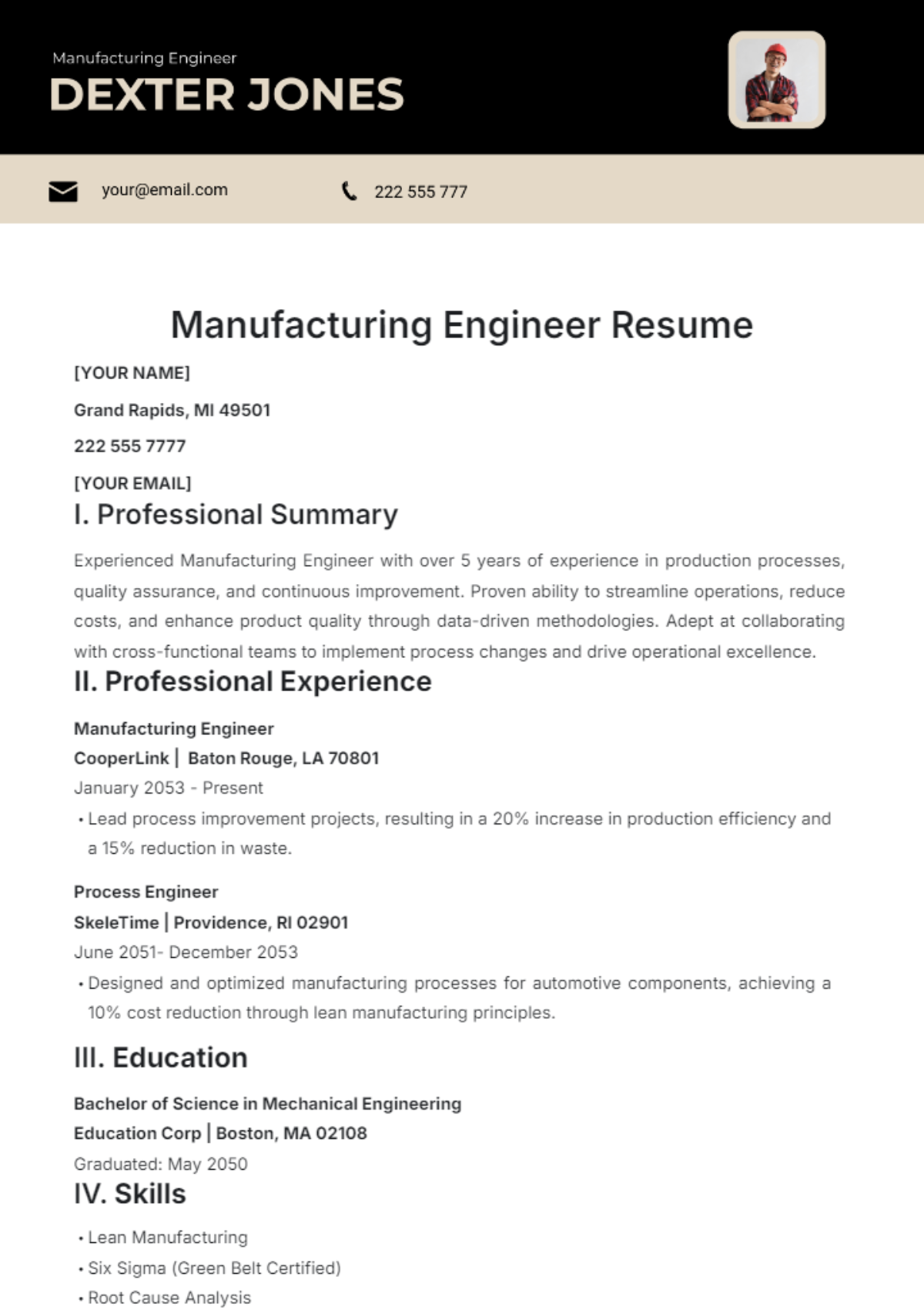 Manufacturing Engineer Resume Template - Edit Online & Download