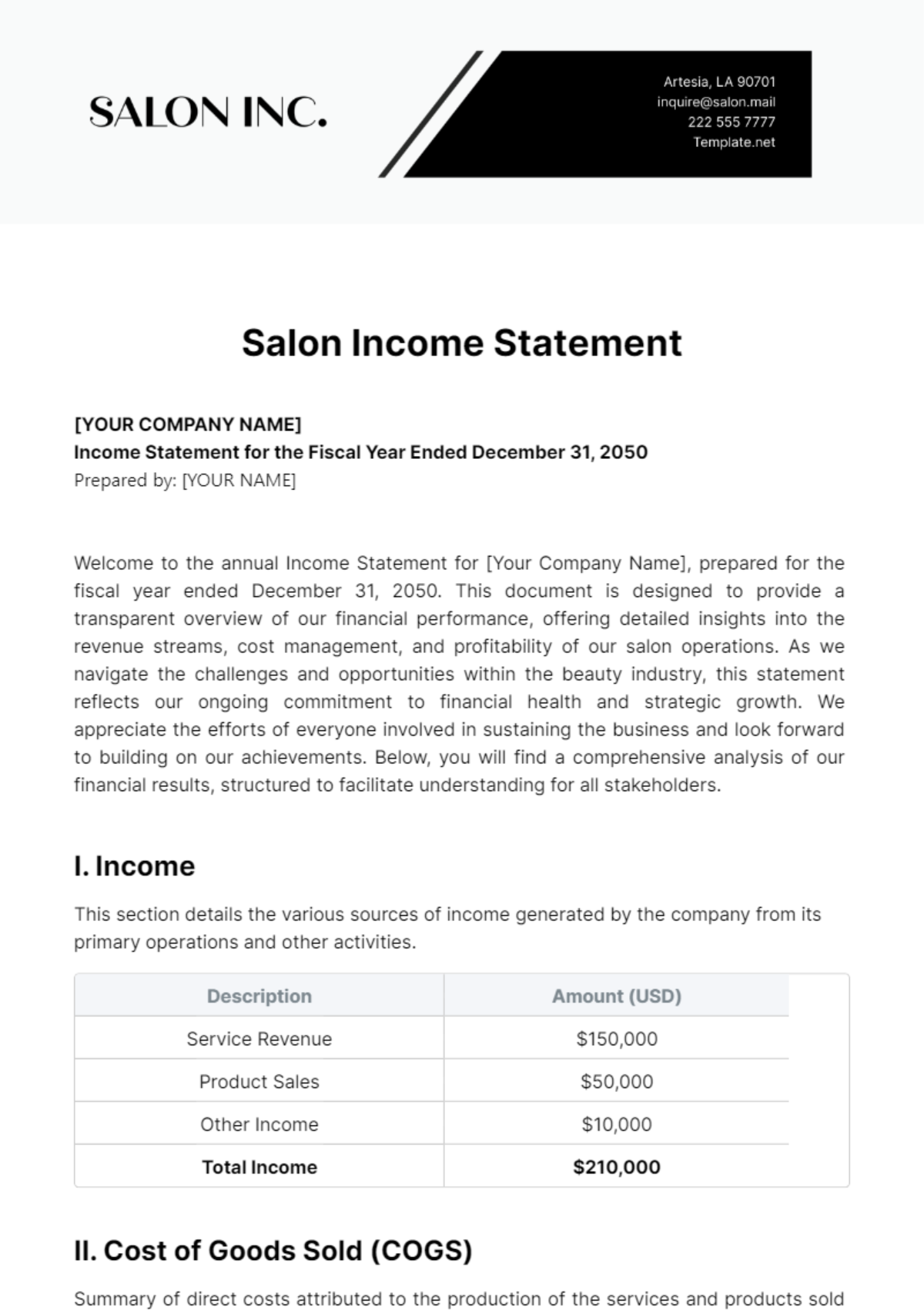 Salon Income Statement Template