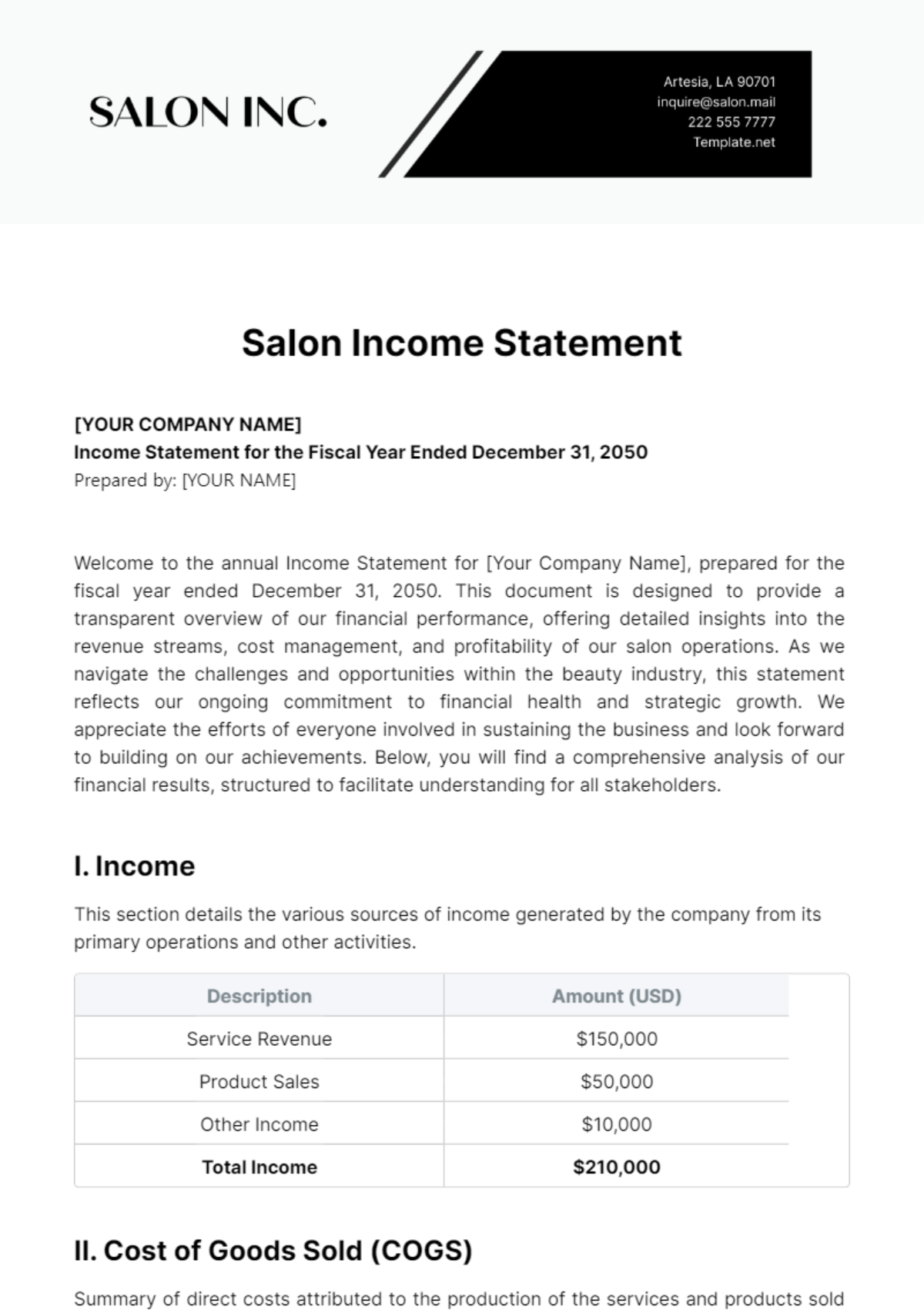 Salon Income Statement Template - Edit Online & Download