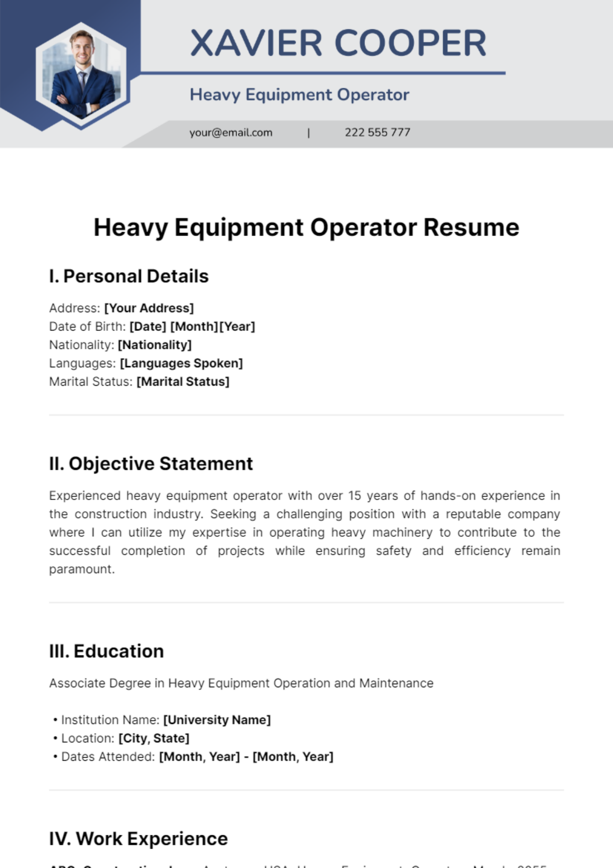 Heavy Equipment Operator Resume Template