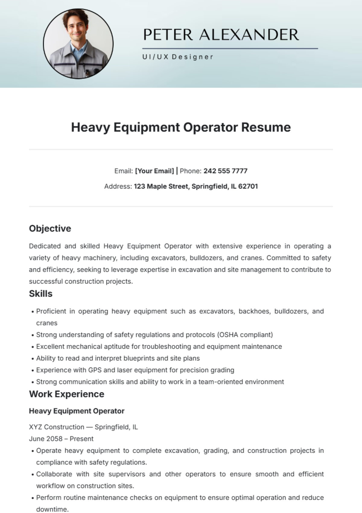 Free Heavy Equipment Operator Resume Template - Edit Online & Download ...