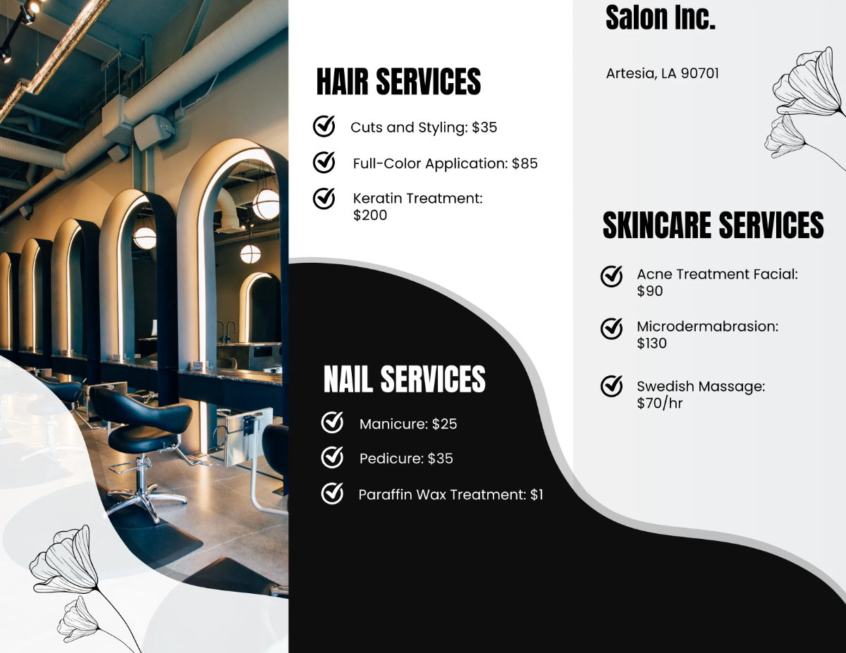 Free Salon Menu Brochure Template to Edit Online