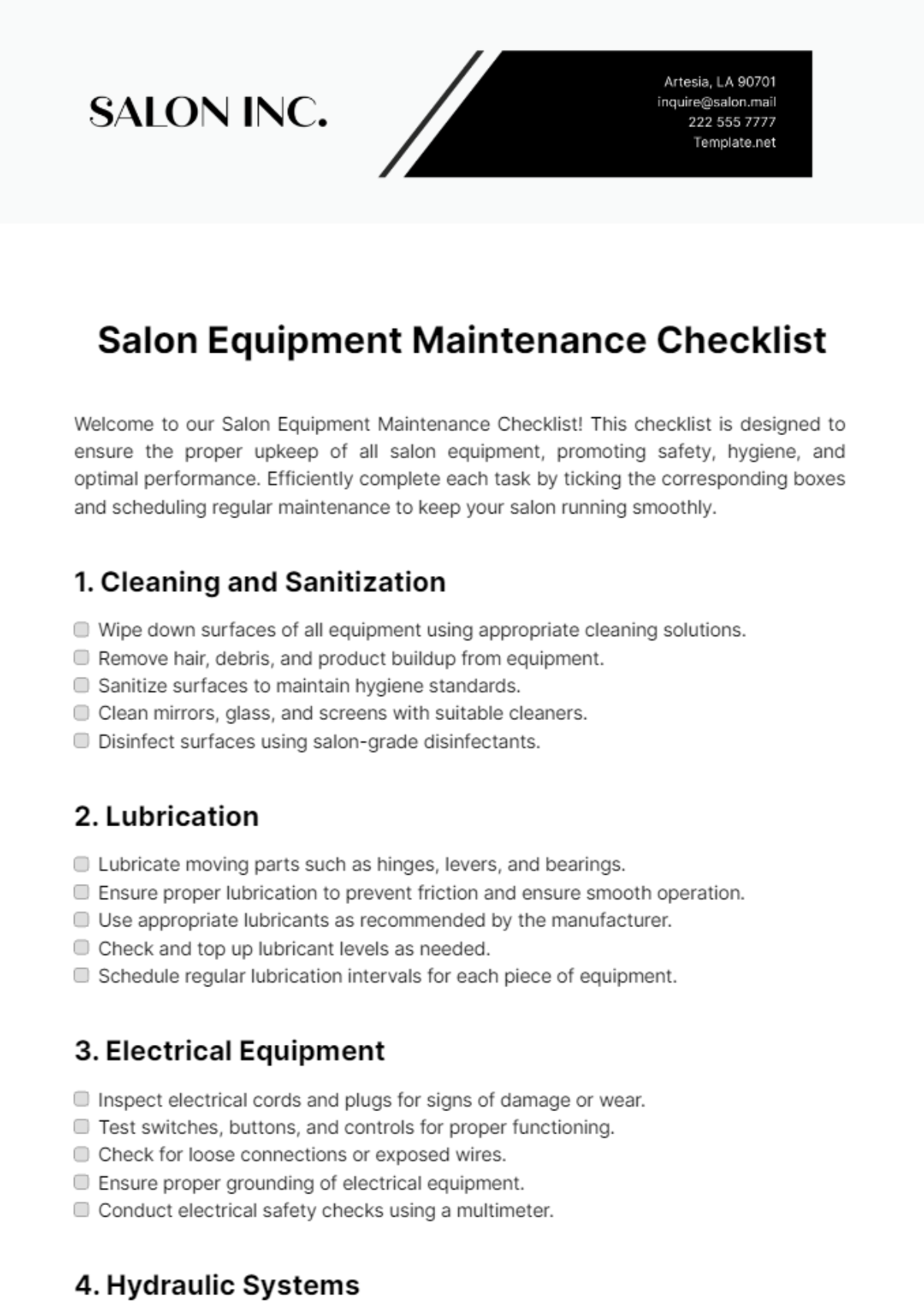 Salon Equipment Maintenance Checklist Template