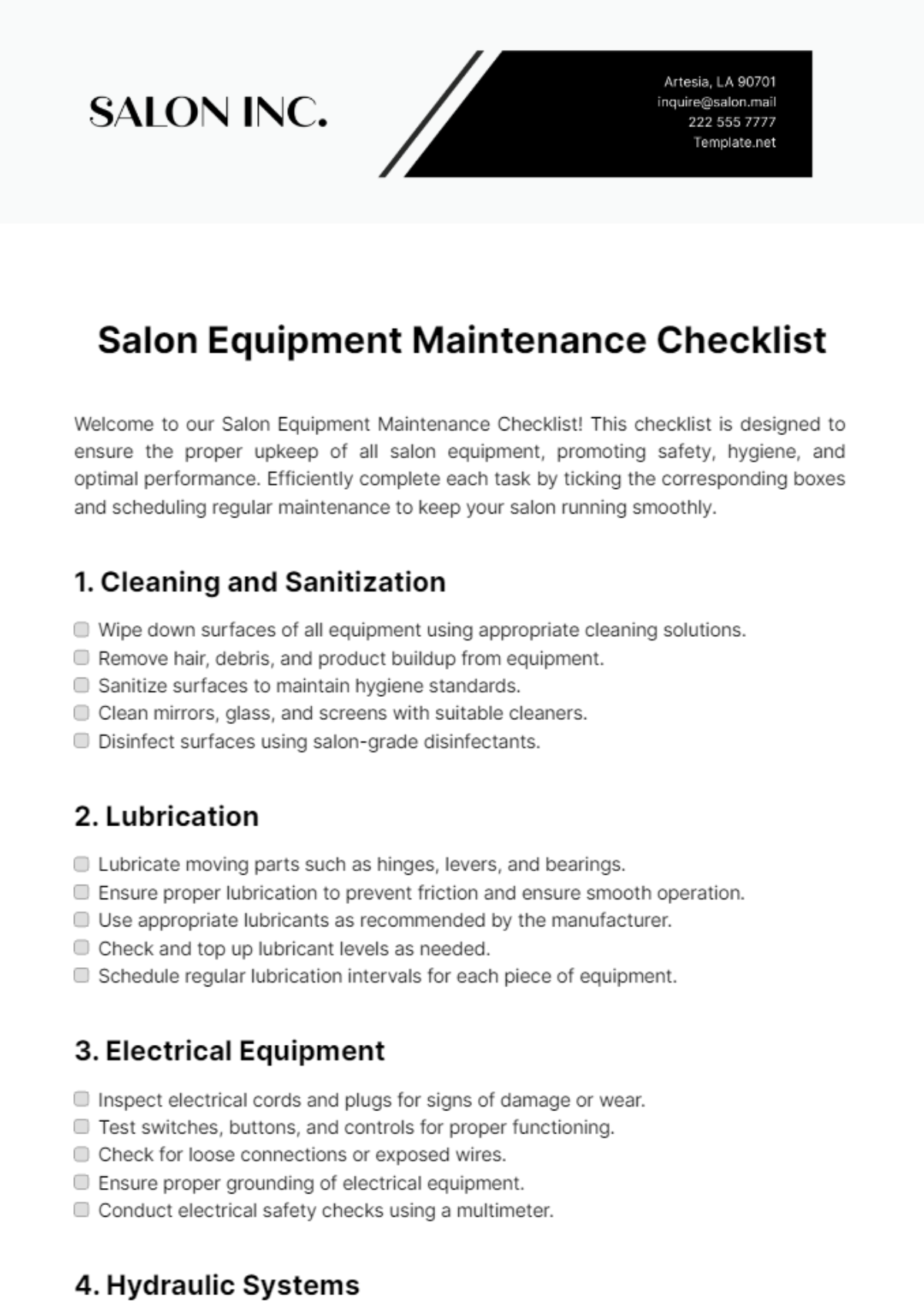 Salon Equipment Maintenance Checklist Template - Edit Online & Download