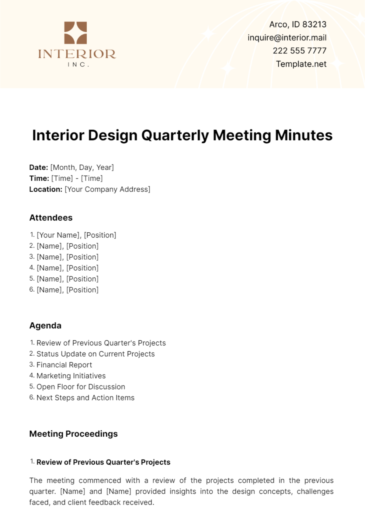 Interior Design Quarterly Meeting Minutes Template