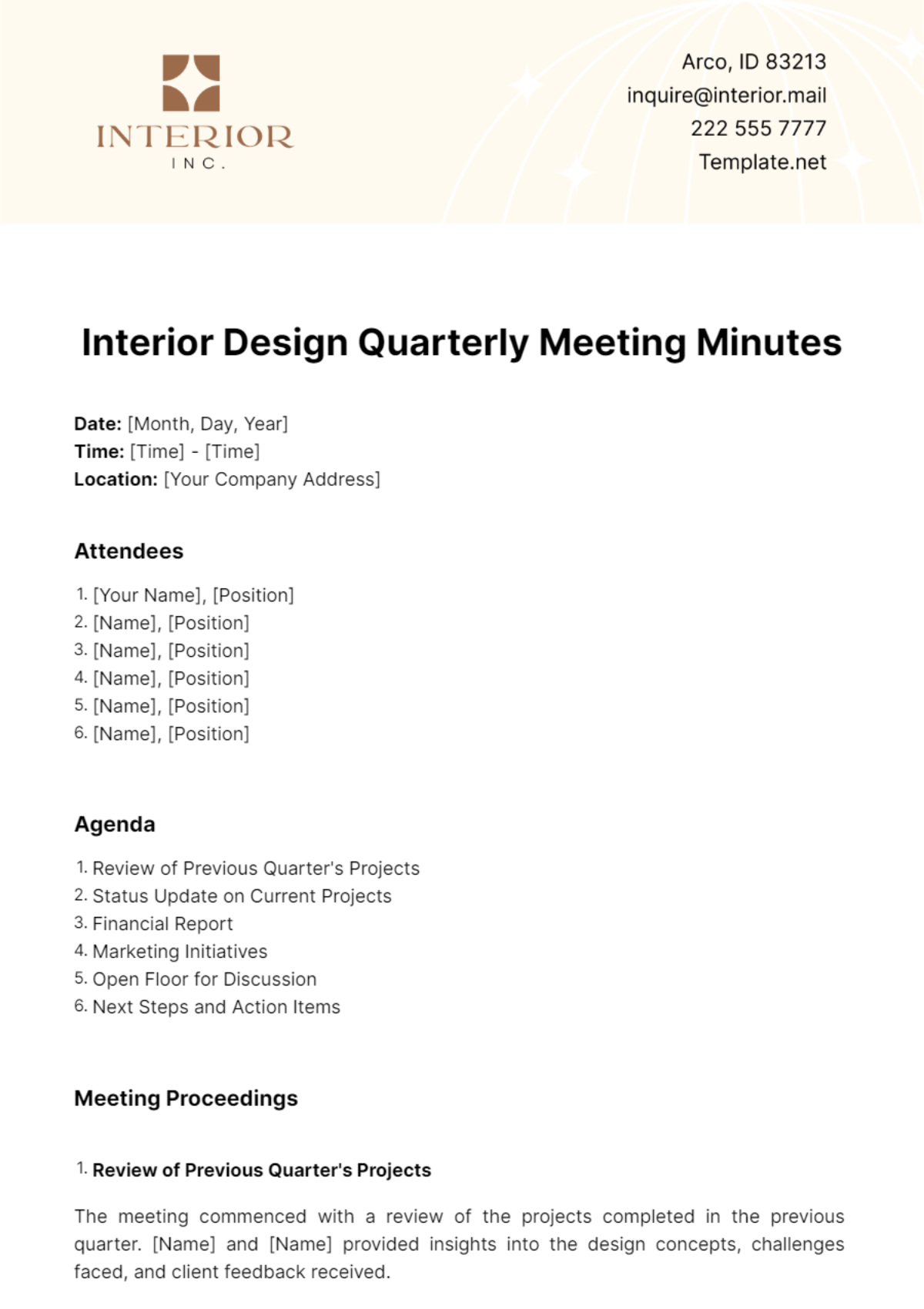 Interior Design Quarterly Meeting Minutes Template - Edit Online & Download