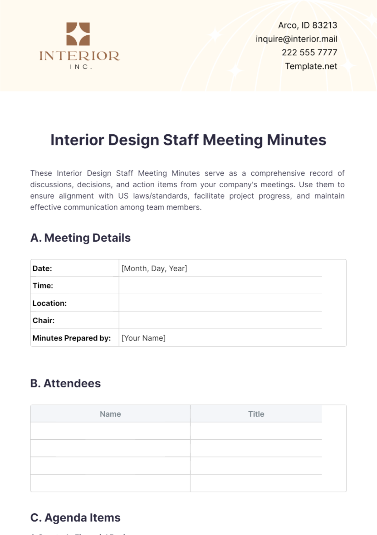 Interior Design Staff Meeting Minutes Template - Edit Online & Download