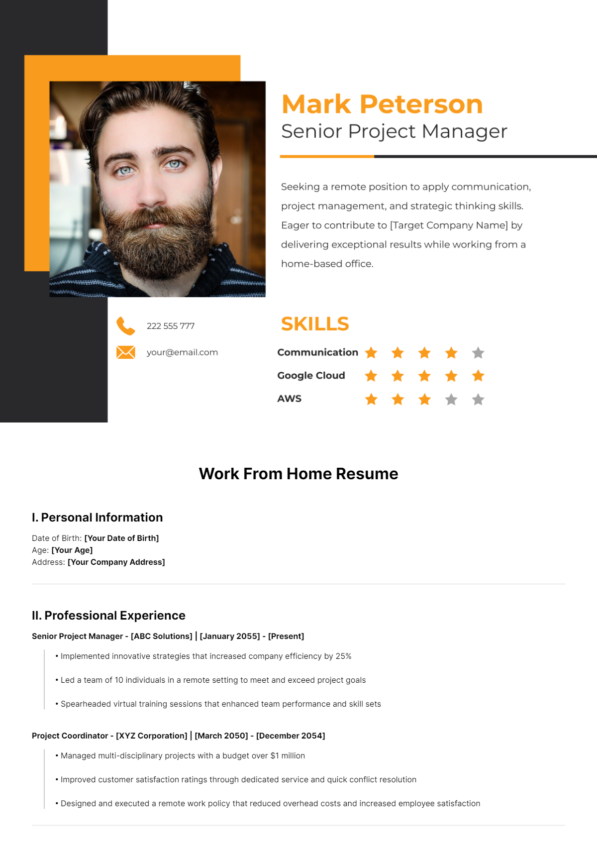 Work From Home Resume Template - Edit Online & Download