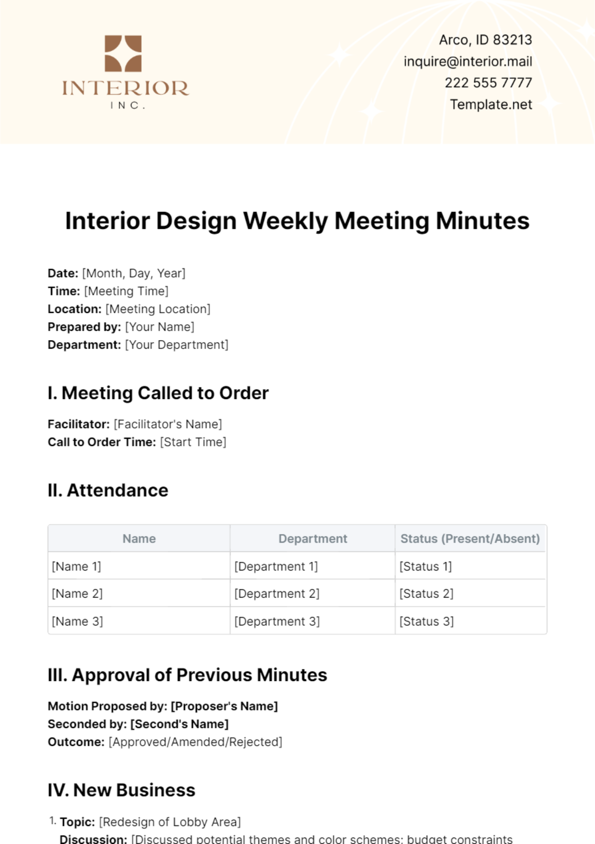 Interior Design Weekly Meeting Minutes Template