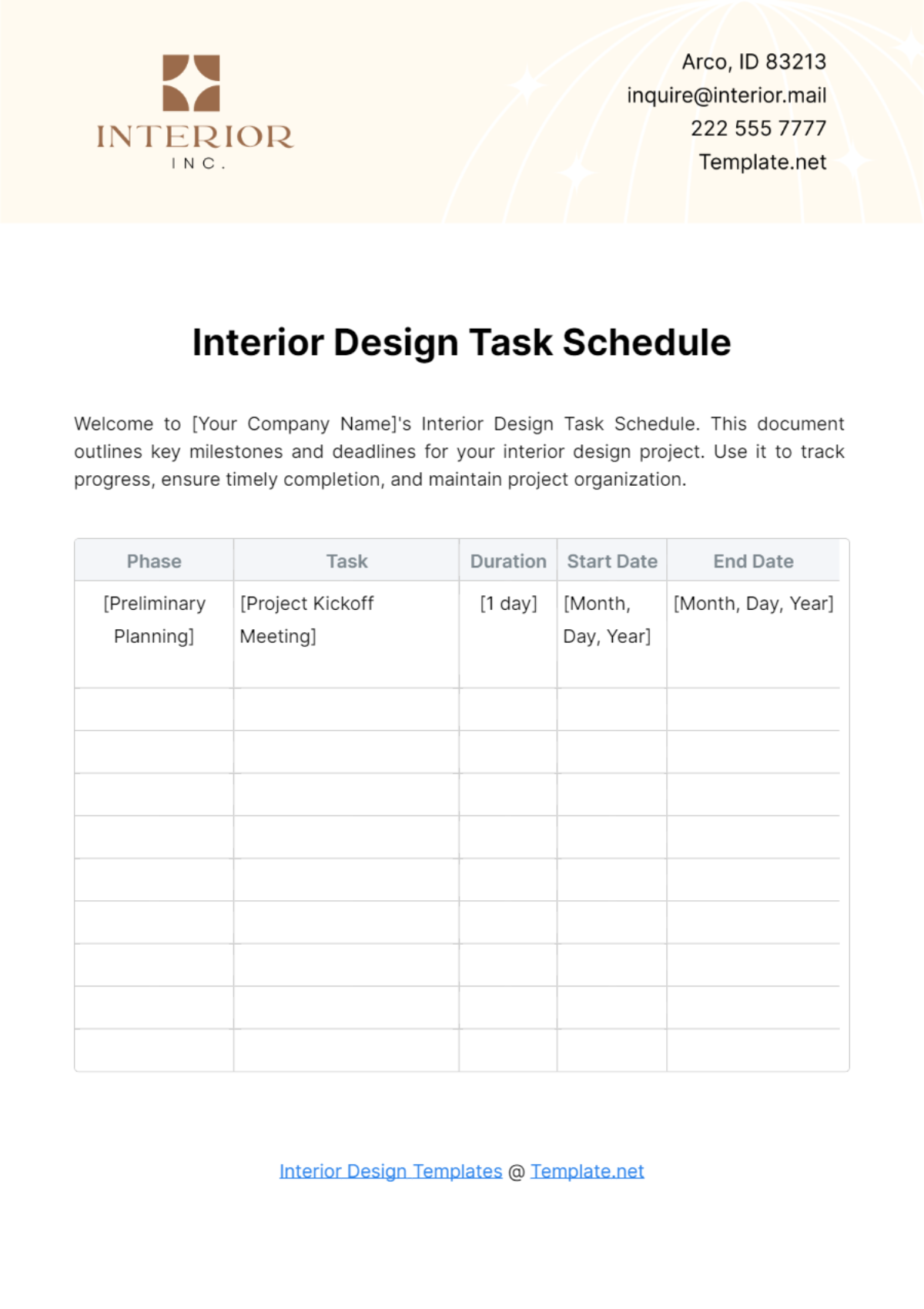 Interior Design Task Schedule Template - Edit Online & Download