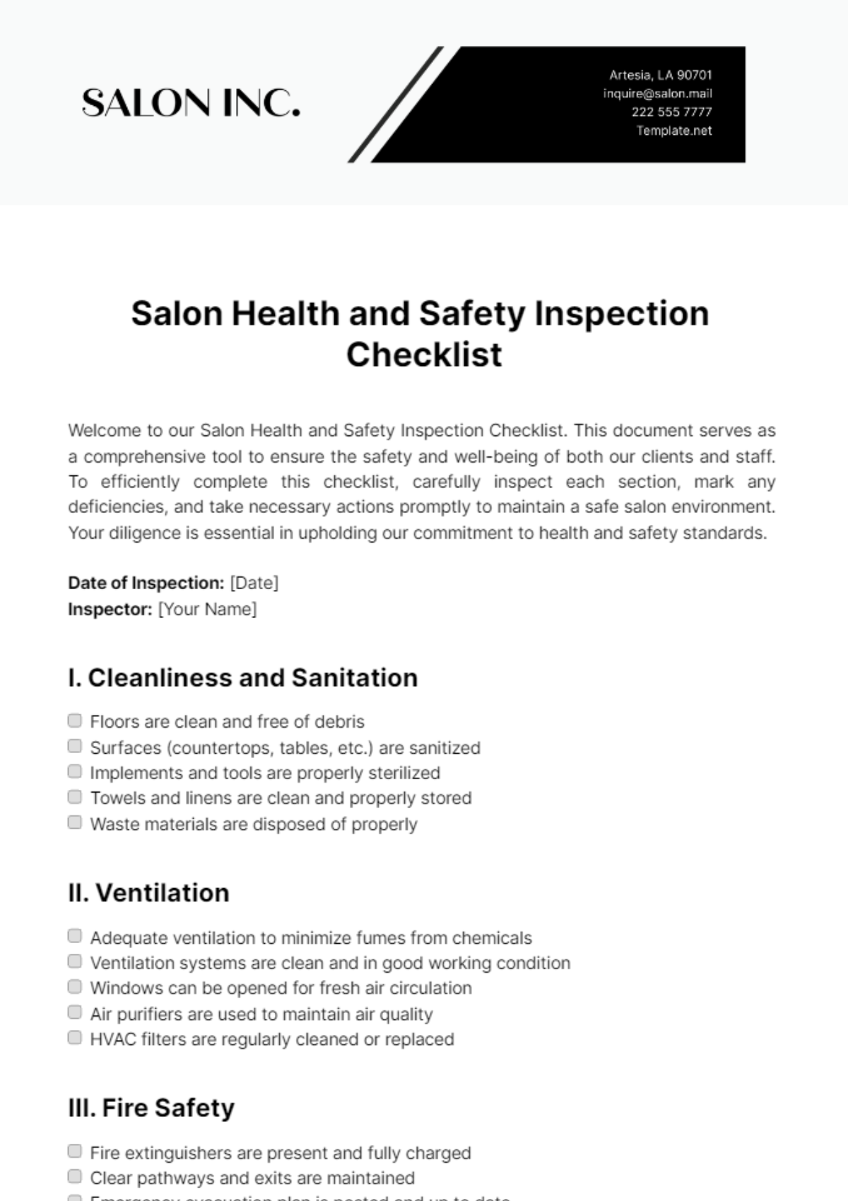 Salon Health and Safety Inspection Checklist Template