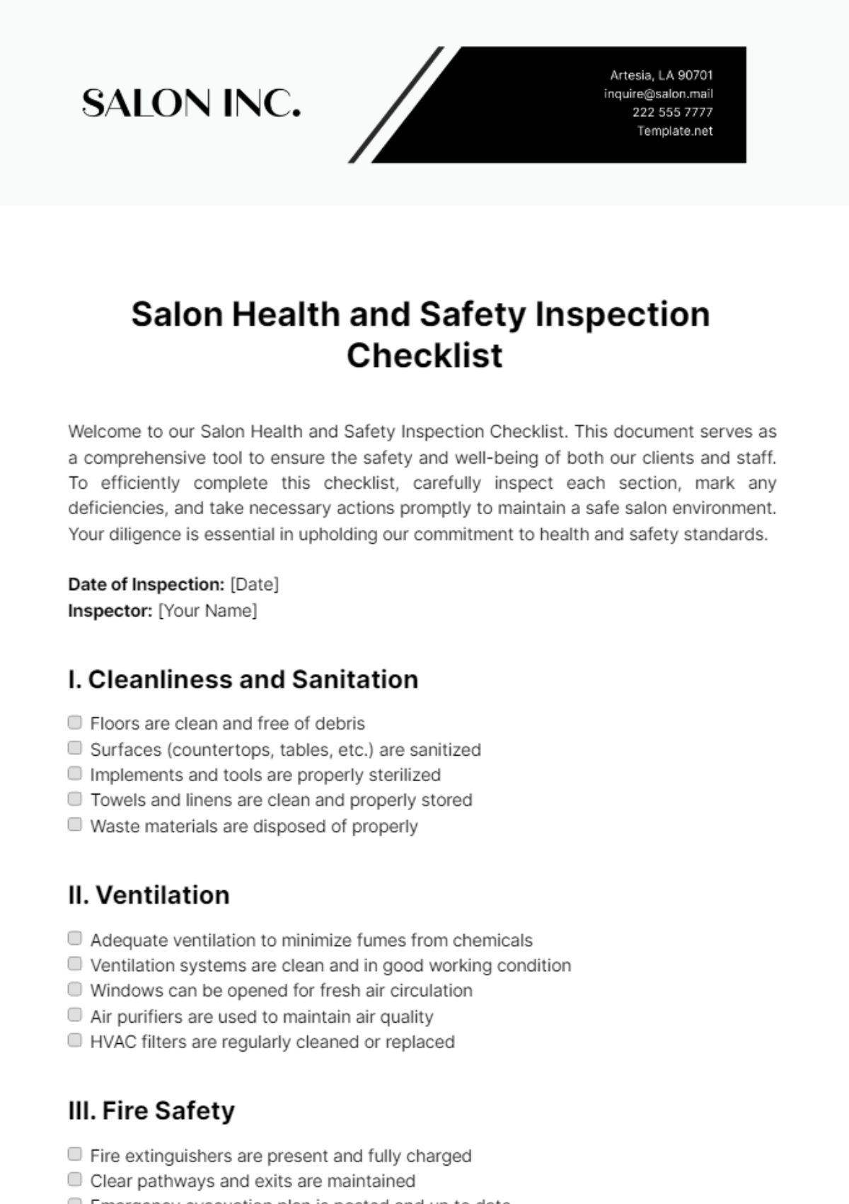 Salon Health and Safety Inspection Checklist Template - Edit Online & Download