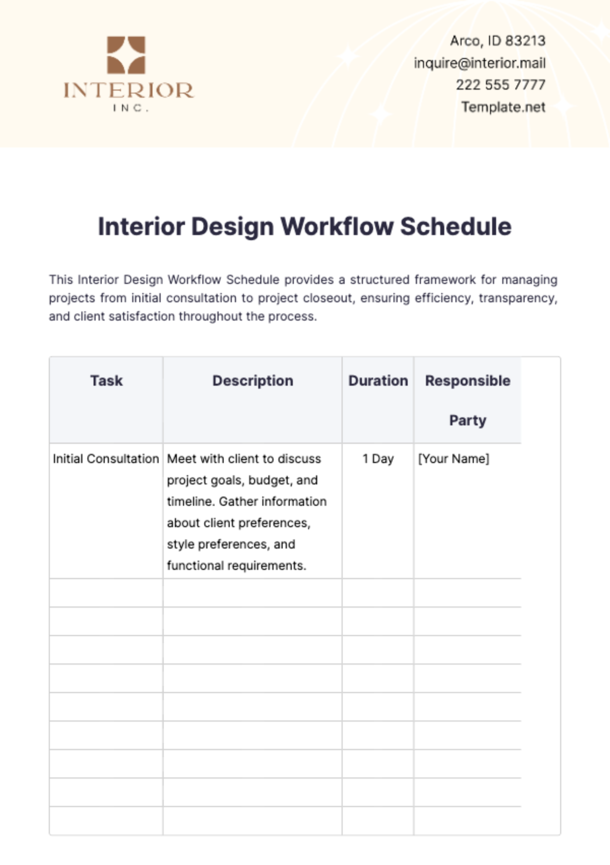 Interior Design Workflow Schedule Template - Edit Online & Download