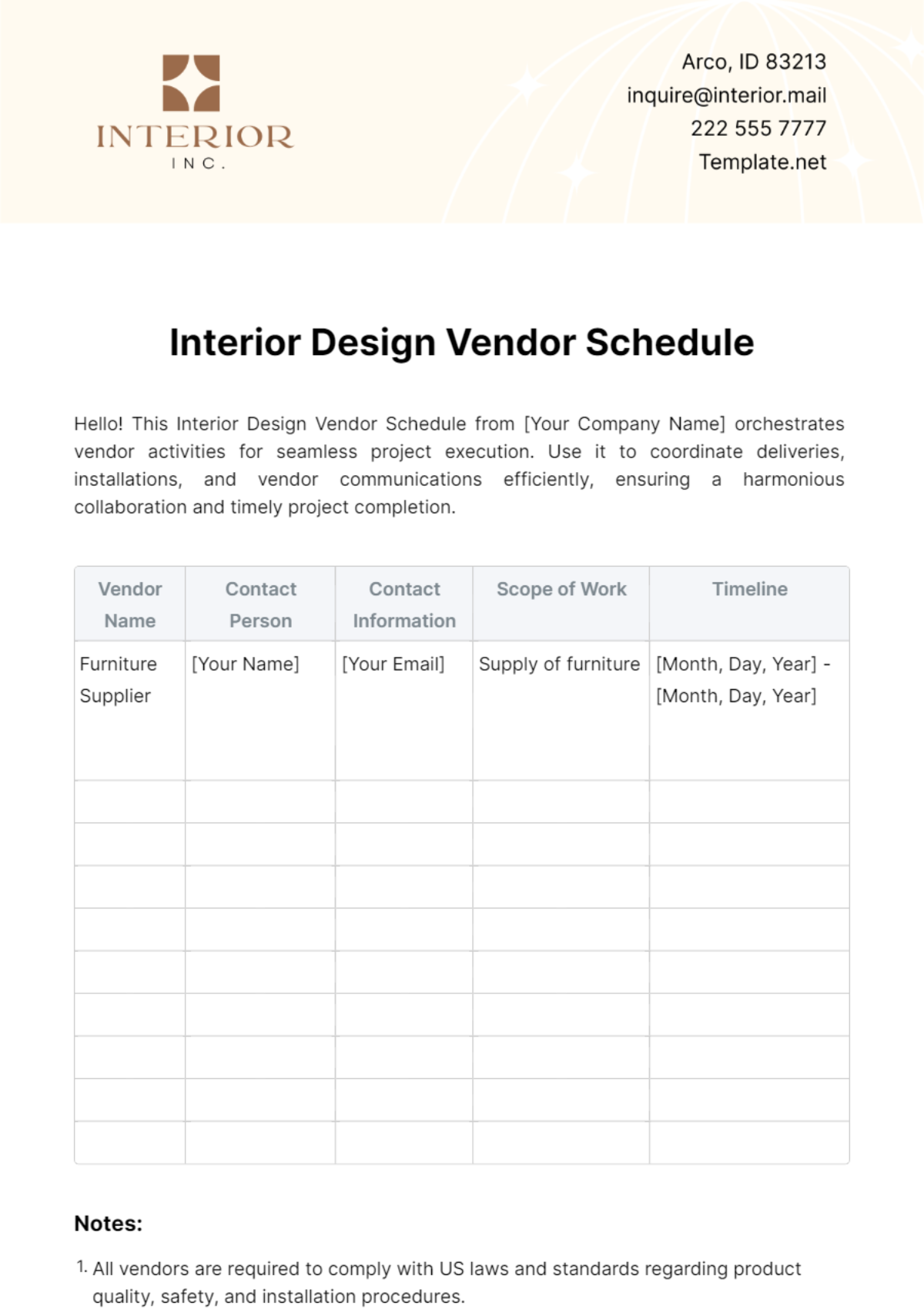 Interior Design Vendor Schedule Template - Edit Online & Download