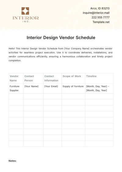 Free Interior Design Vendor Schedule Template to Edit Online