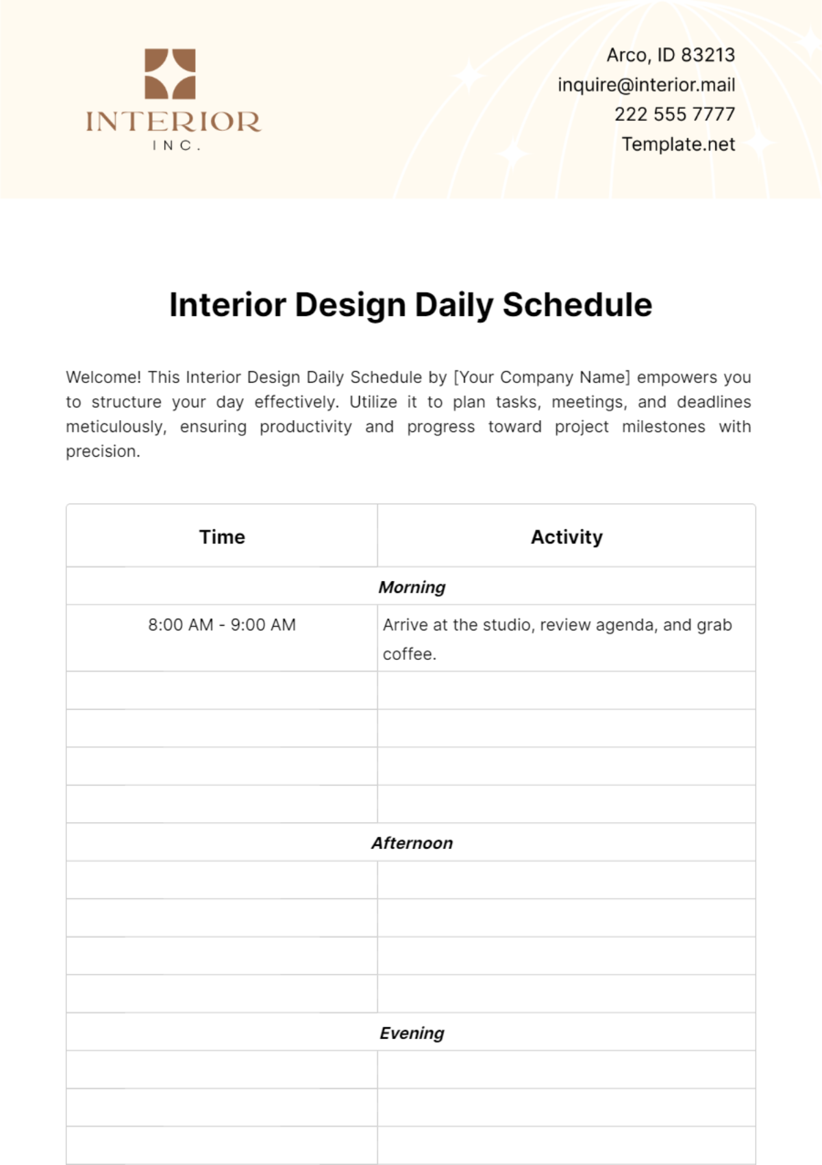 Interior Design Daily Schedule Template - Edit Online & Download