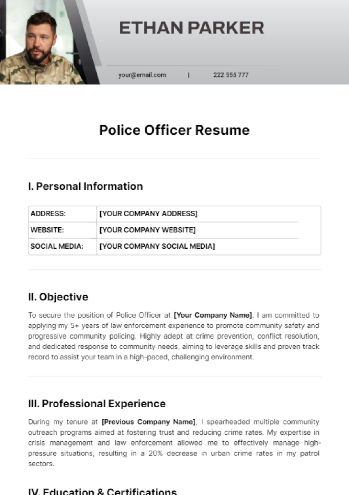 Police Officer Resume Template - Edit Online & Download