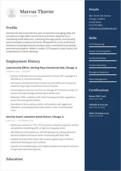 Free Security Guard ATS Resume Template, AI Resume Builder