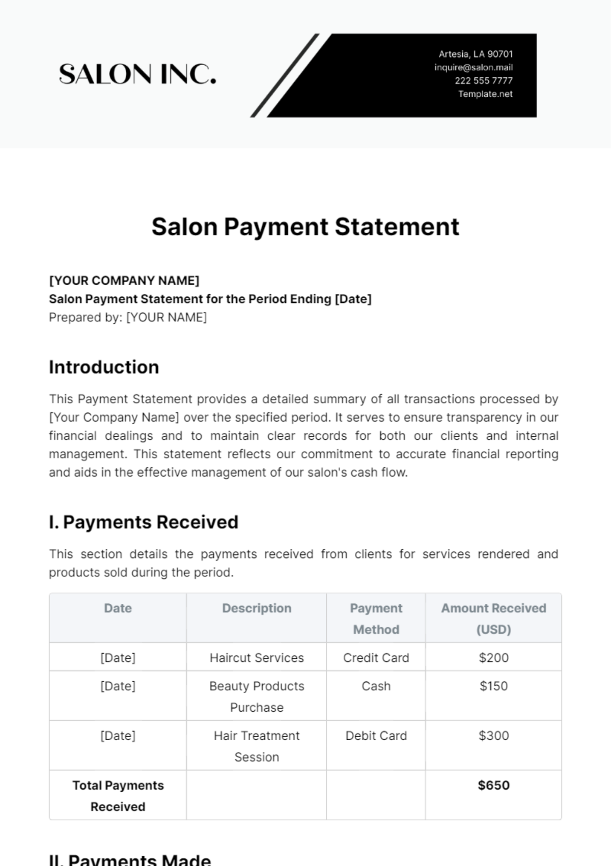 Salon Payment Statement Template