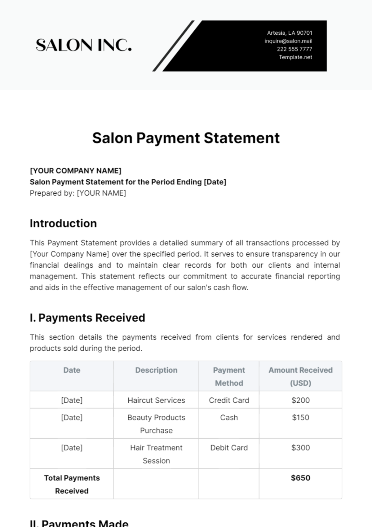 Salon Payment Statement Template - Edit Online & Download