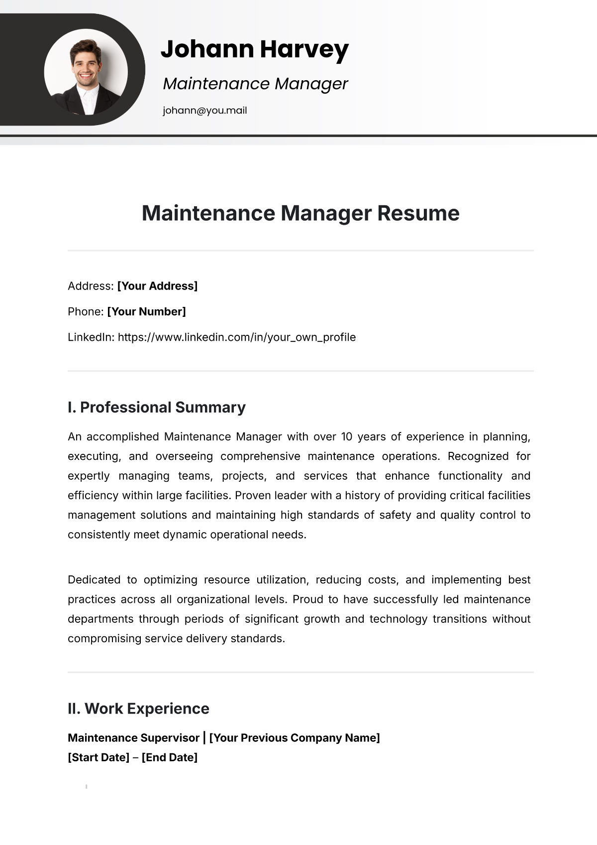 Maintenance Manager Resume Template - Edit Online & Download