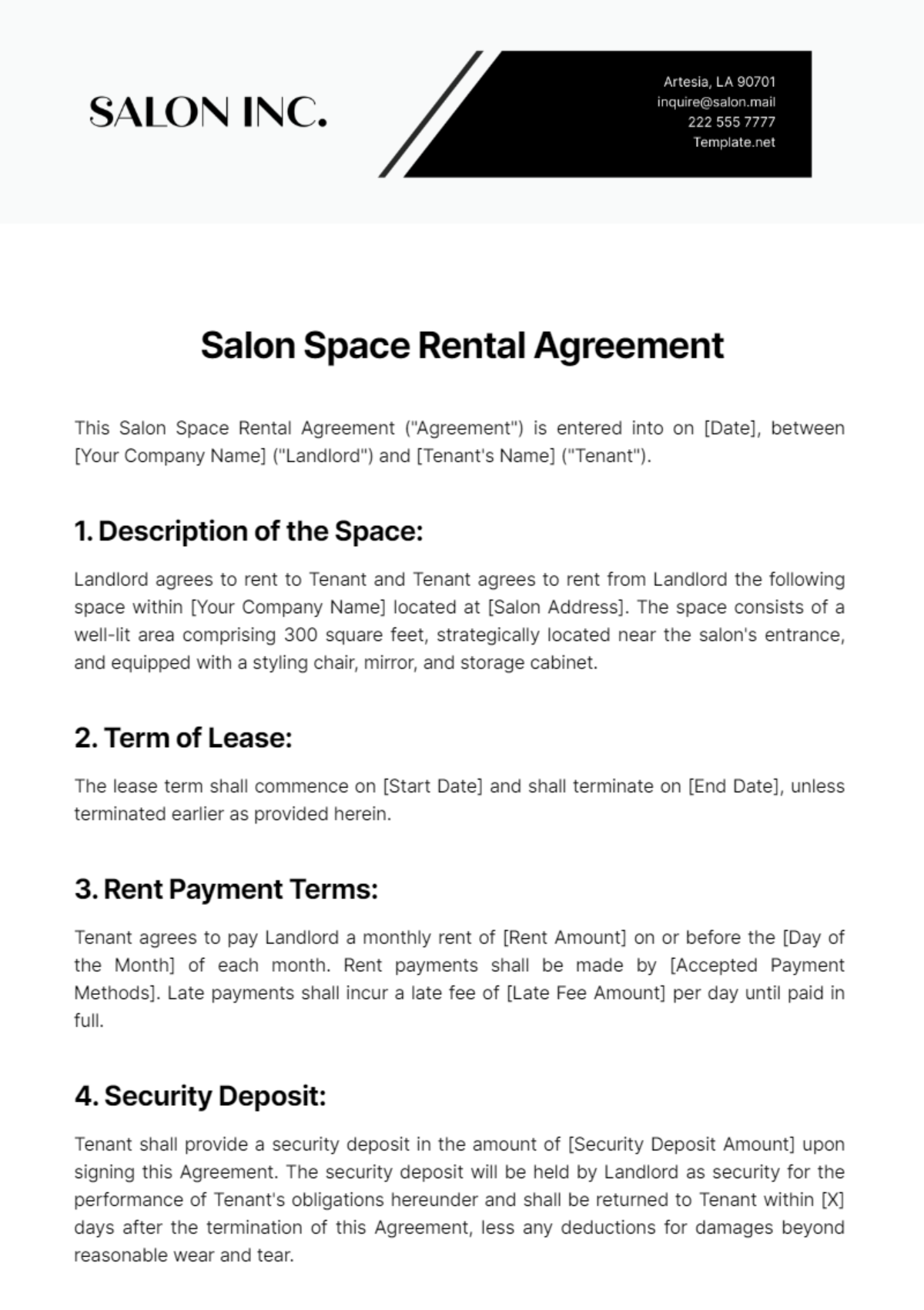 Salon Space Rental Agreement Template