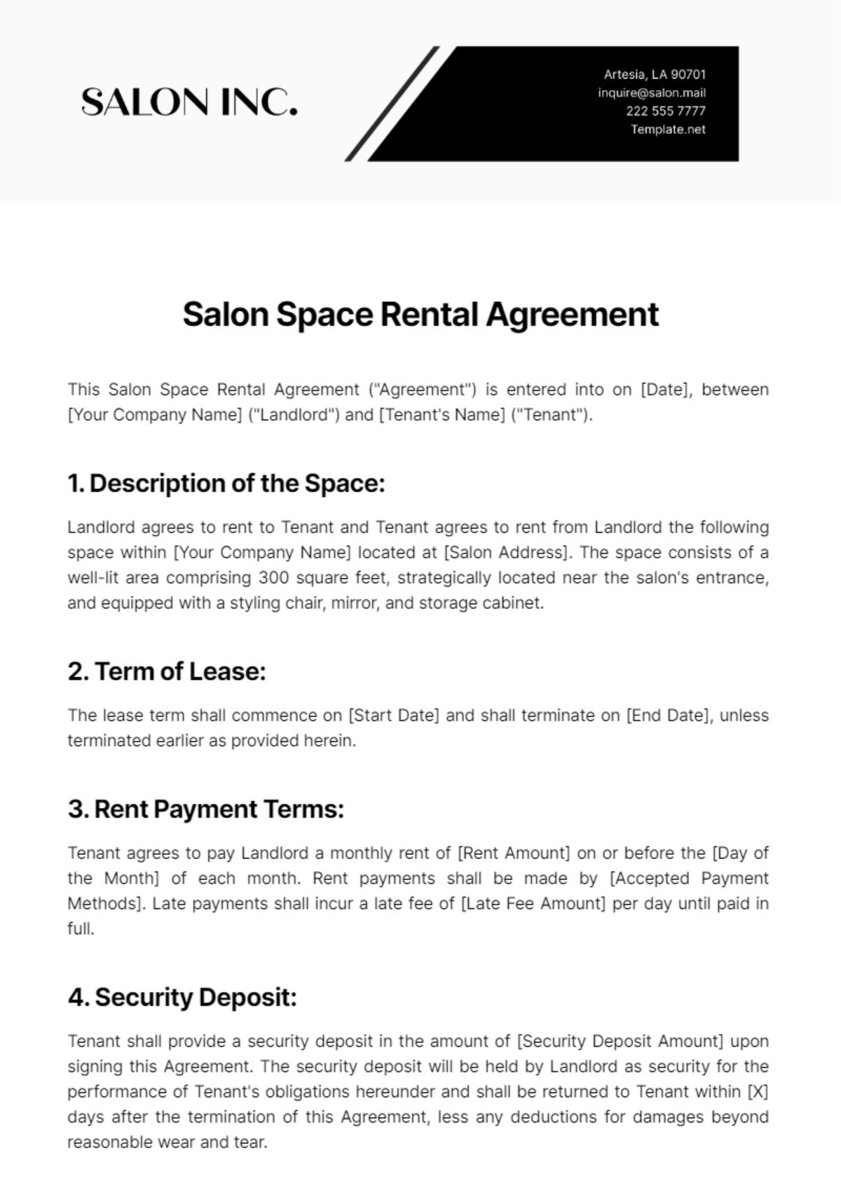 Salon Space Rental Agreement Template - Edit Online & Download