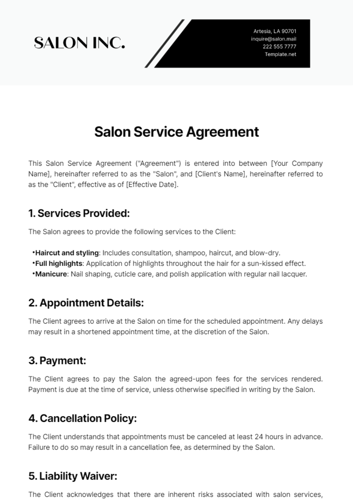 Salon Service Agreement Template