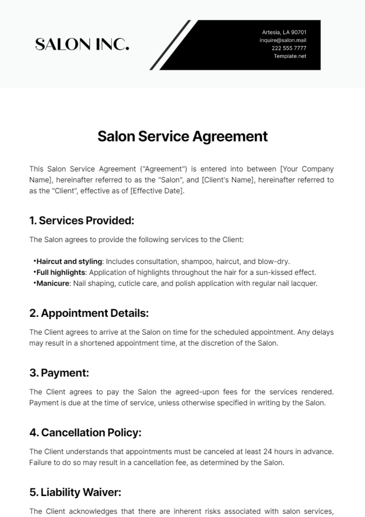 Salon Service Agreement Template - Edit Online & Download